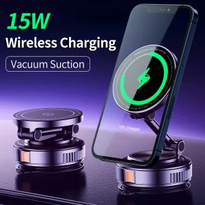 Vacuum suction cup 15W wireless charger magnetic phone car mount
