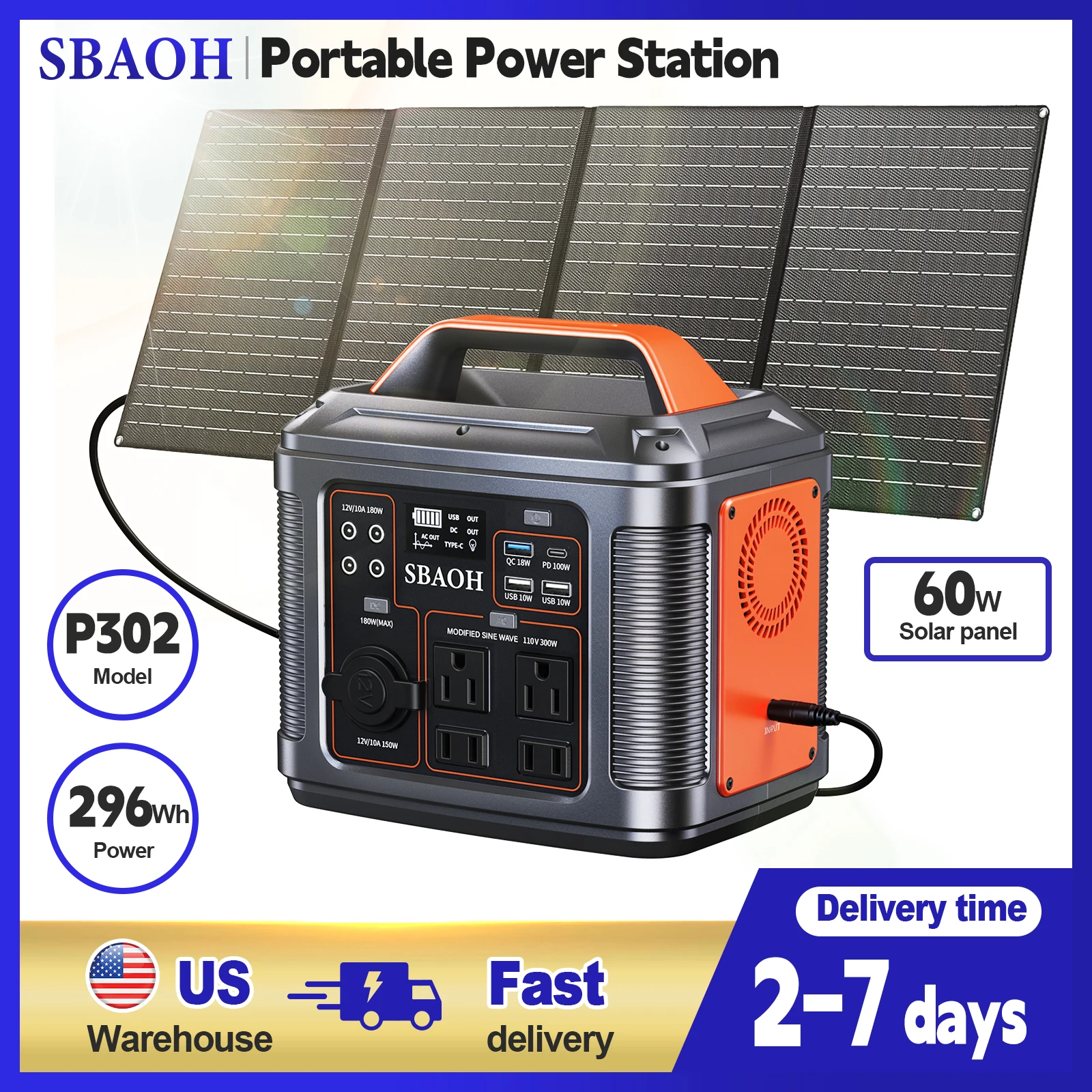 300W Portable Power Station, 80000mAh Camping Solar Generator - Image 1